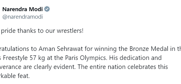 Prime Minister Modi Hails Aman Sehrawat’s Bronze Medal Triumph at Paris Olympics